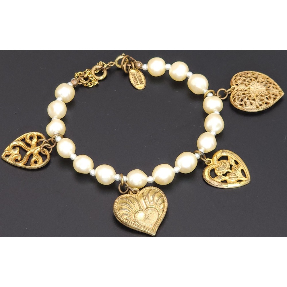 Signed Vtg‎ Miriam Haskell Faux Pearl Heart Charm Bracelet Gold Tone Filligree - Picture 12 of 15